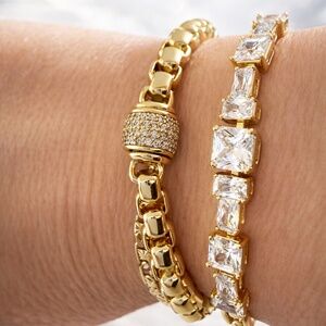 Gold Link Tennis Bracelet Bundle  Pave Barrel Accent Stack